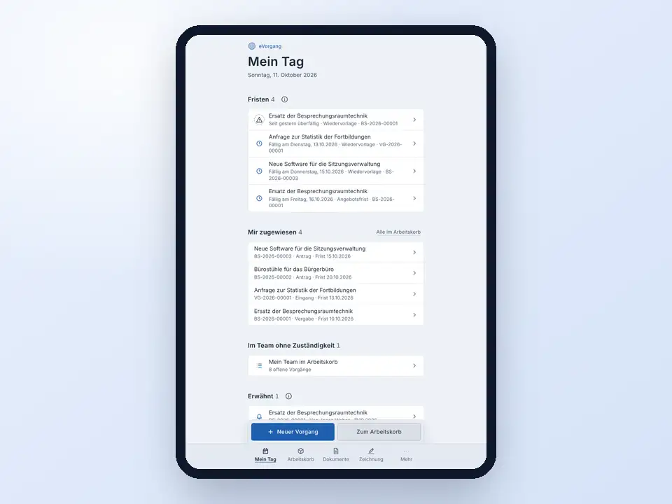 Mein Tag auf dem iPad im Hochformat: Fristen, zugewiesene Vorgänge und die Leiste am unteren Rand